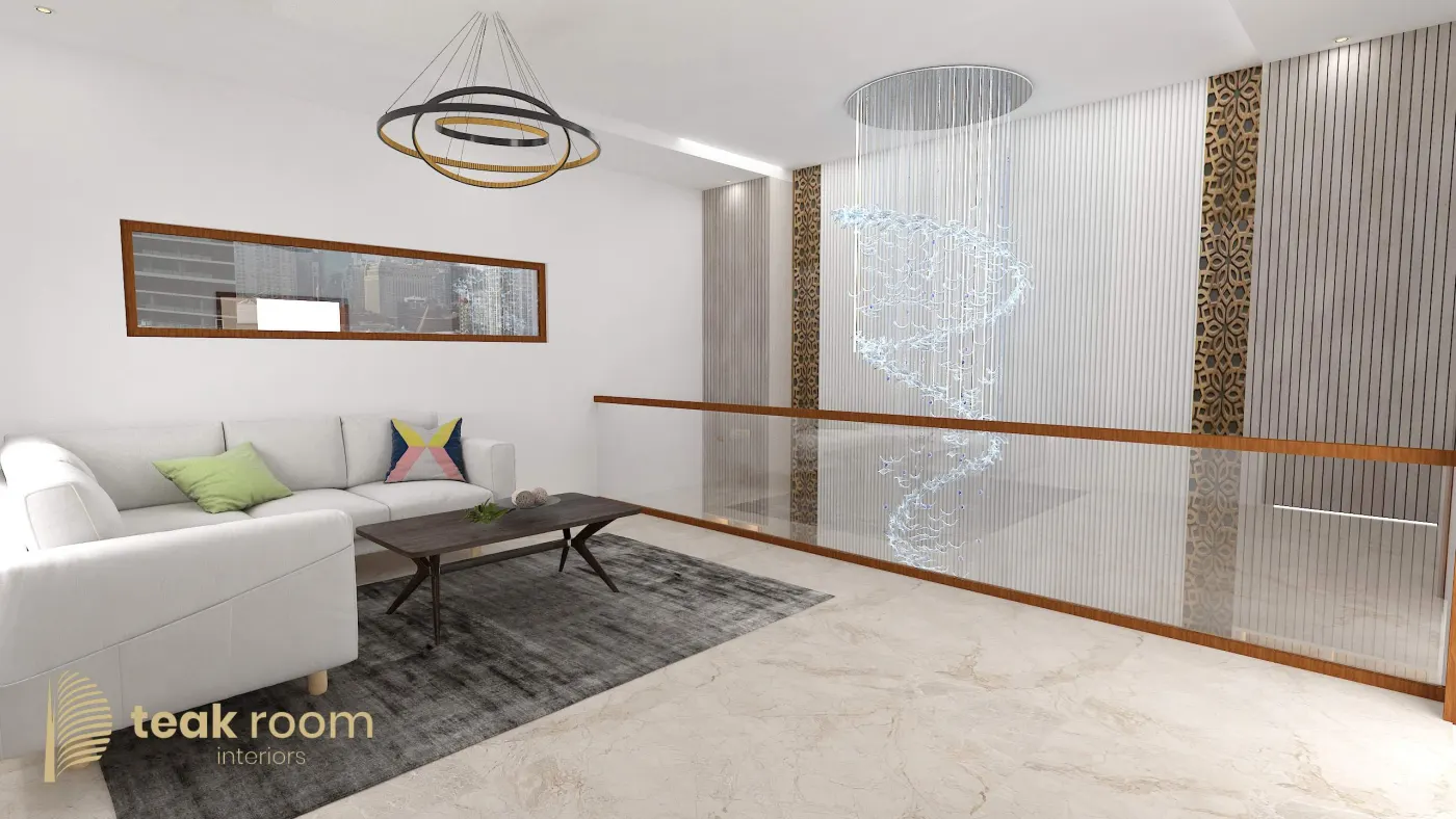 First floor lounge interior designed by Teak Room Interiors