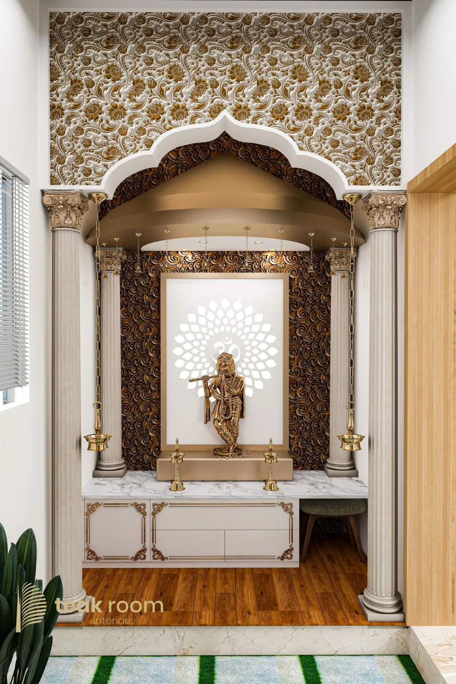 Traditional pooja room design by Teak Room Interiors